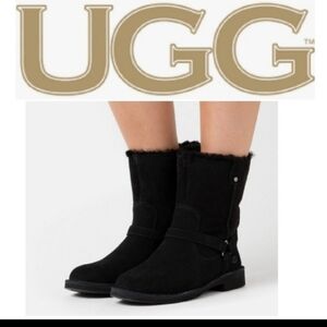 UGG Aveline Water Repellent Wool Lined Sheepskin Harness Boots Black Size 8.5